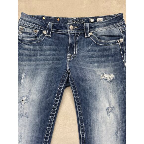 Miss Me Jeans Womens 30 Medium Wash Blue Denim Signature Crop Embellished Pocket - Picture 3 of 14